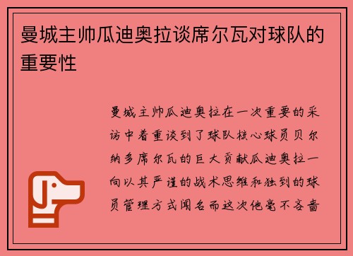 曼城主帅瓜迪奥拉谈席尔瓦对球队的重要性