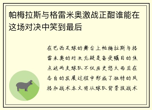 帕梅拉斯与格雷米奥激战正酣谁能在这场对决中笑到最后